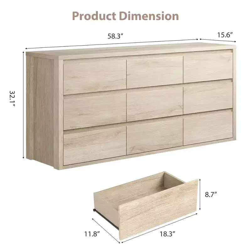Commode à 9 tiroirs pour chambre à coucher, large commode moderne, grande commode de rangement en bois pour salon, couloir et entrée