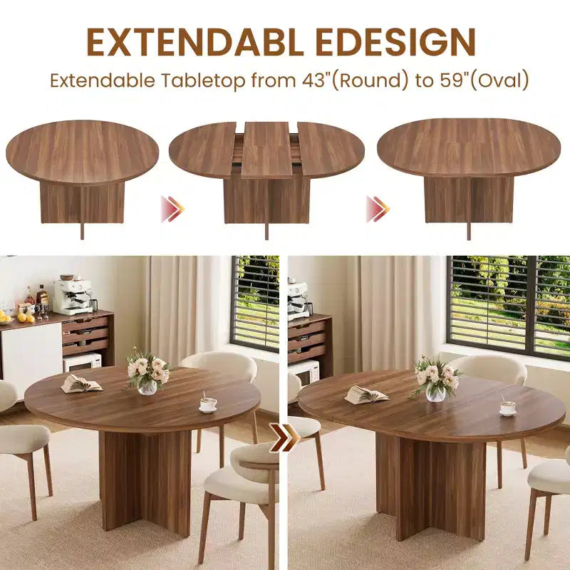 Table à manger extensible de 110 à 150 cm pour 4 à 8 personnes, table de cuisine en bois avec rangement intégré et piètement en croix, table de dîner moderne pour cuisine et salle à manger