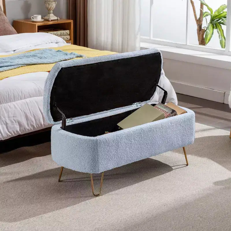 Banc de rangement moderne de 39 po avec revêtement en fausse fourrure, banc d'entrée avec pieds dorés, bout de lit, pouf pour salon, chambre à coucher