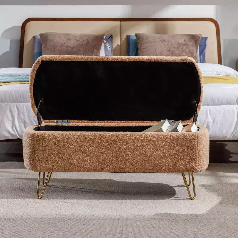 Banc de rangement moderne de 39 po avec revêtement en fausse fourrure, banc d'entrée avec pieds dorés, bout de lit, pouf pour salon, chambre à coucher