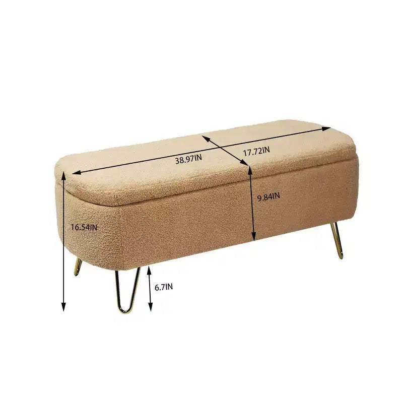 Banc de rangement moderne de 39 po avec revêtement en fausse fourrure, banc d'entrée avec pieds dorés, bout de lit, pouf pour salon, chambre à coucher