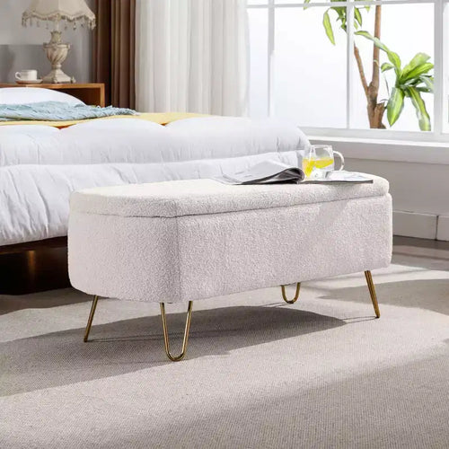 Banc de rangement moderne de 39 po avec revêtement en fausse fourrure, banc d'entrée avec pieds dorés, bout de lit, pouf pour salon, chambre à coucher