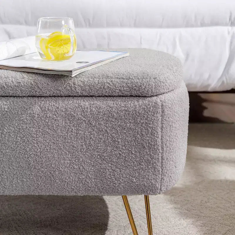 Banc de rangement moderne de 39 po avec revêtement en fausse fourrure, banc d'entrée avec pieds dorés, bout de lit, pouf pour salon, chambre à coucher