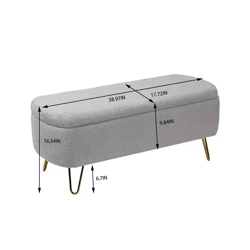 Banc de rangement moderne de 39 po avec revêtement en fausse fourrure, banc d'entrée avec pieds dorés, bout de lit, pouf pour salon, chambre à coucher