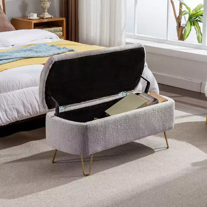 Banc de rangement moderne de 39 po avec revêtement en fausse fourrure, banc d'entrée avec pieds dorés, bout de lit, pouf pour salon, chambre à coucher