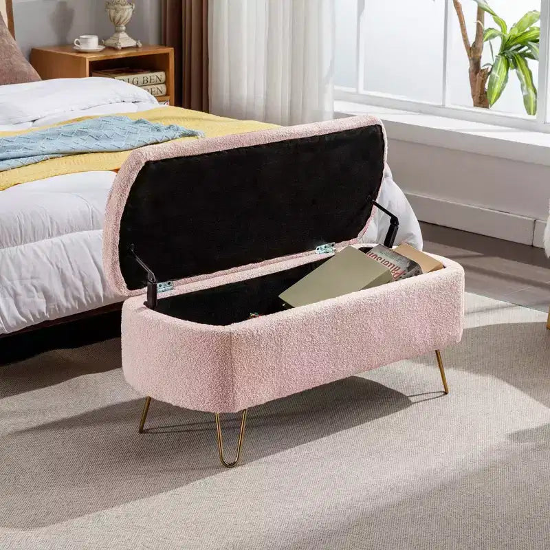 Banc de rangement moderne de 39 po avec revêtement en fausse fourrure, banc d'entrée avec pieds dorés, bout de lit, pouf pour salon, chambre à coucher