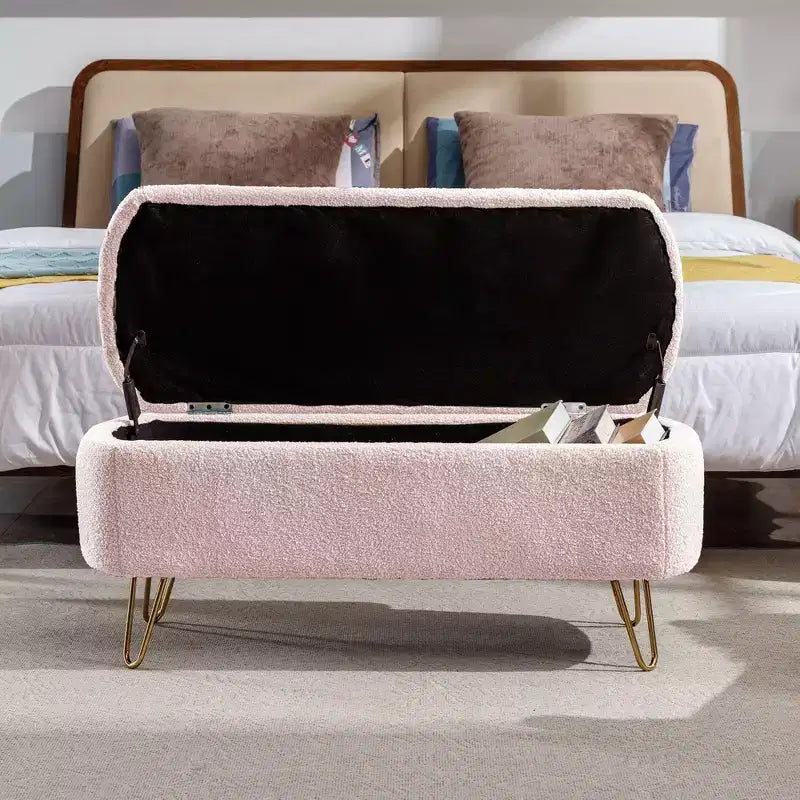 Banc de rangement moderne de 39 po avec revêtement en fausse fourrure, banc d'entrée avec pieds dorés, bout de lit, pouf pour salon, chambre à coucher