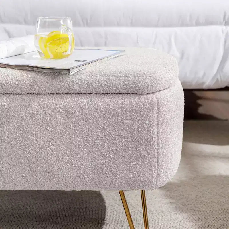 Banc de rangement moderne de 39 po avec revêtement en fausse fourrure, banc d'entrée avec pieds dorés, bout de lit, pouf pour salon, chambre à coucher
