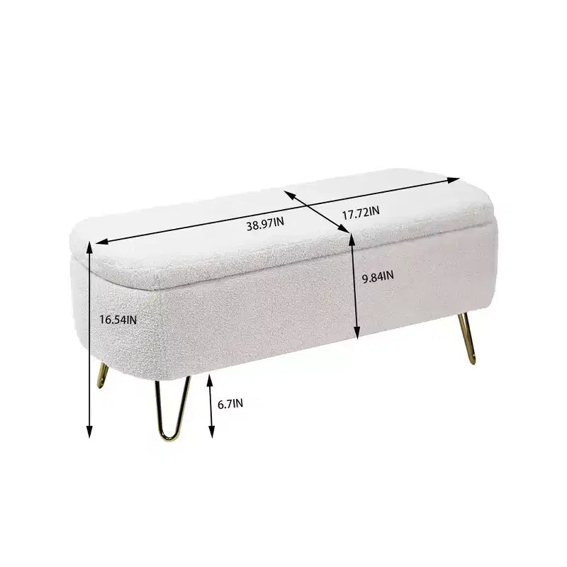 Banc de rangement moderne de 39 po avec revêtement en fausse fourrure, banc d'entrée avec pieds dorés, bout de lit, pouf pour salon, chambre à coucher