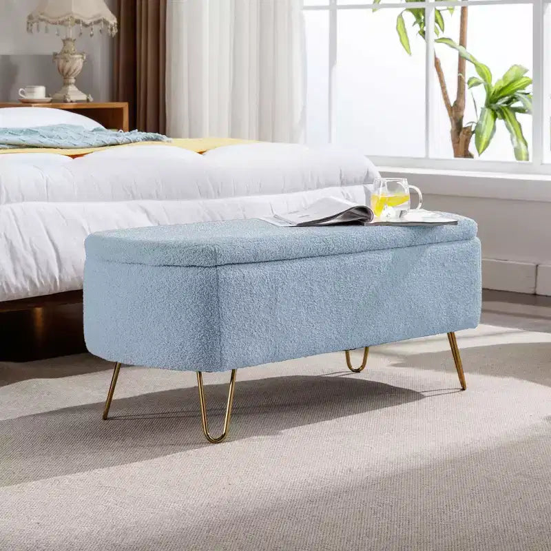 Banc de rangement moderne de 39 po avec revêtement en fausse fourrure, banc d'entrée avec pieds dorés, bout de lit, pouf pour salon, chambre à coucher