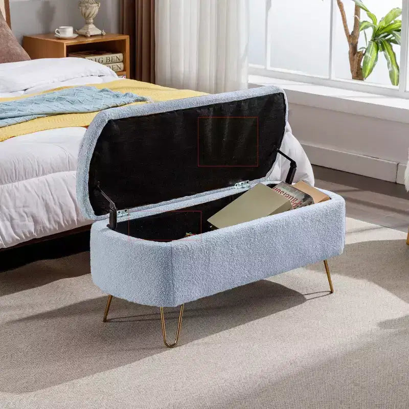 Banc de rangement moderne de 39 po avec revêtement en fausse fourrure, banc d'entrée avec pieds dorés, bout de lit, pouf pour salon, chambre à coucher