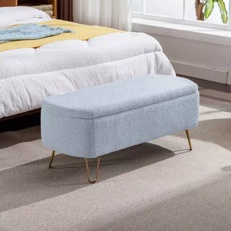 Banc de rangement moderne de 39 po avec revêtement en fausse fourrure, banc d'entrée avec pieds dorés, bout de lit, pouf pour salon, chambre à coucher