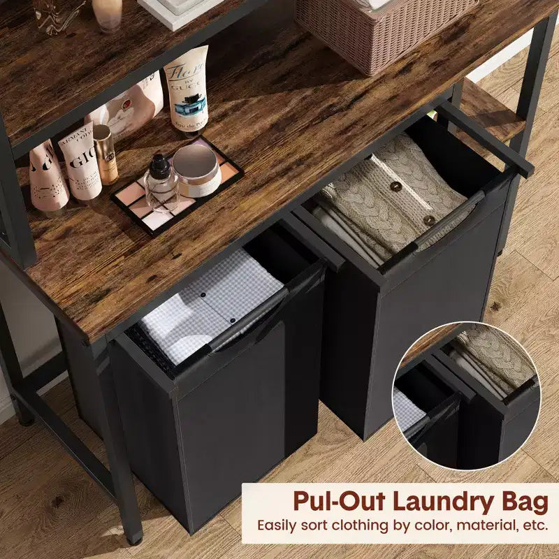 Panier à Linge avec Étagère, 2 Trieurs à Linge, Panier à Linge avec 2 Sacs à Linge Amovibles et Extensibles