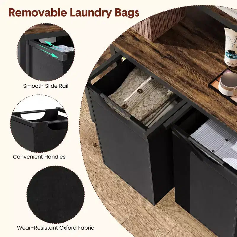 Panier à Linge avec Étagère, 2 Trieurs à Linge, Panier à Linge avec 2 Sacs à Linge Amovibles et Extensibles