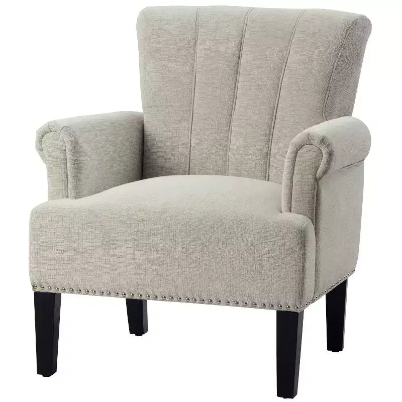 Fauteuil en polyester tufté avec rivets traditionnels Pearl et accoudoirs roulés