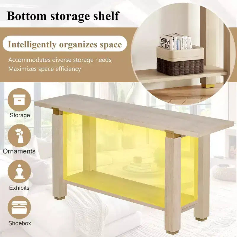 63 Table console extra longue avec pieds en pin massif, garniture en métal industriel, table d'entrée avec étagère de rangement pour couloir, salon, foyer