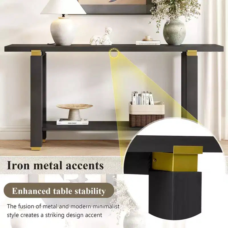 63 Table console extra longue avec pieds en pin massif, garniture en métal industriel, table d'entrée avec étagère de rangement pour couloir, salon, foyer