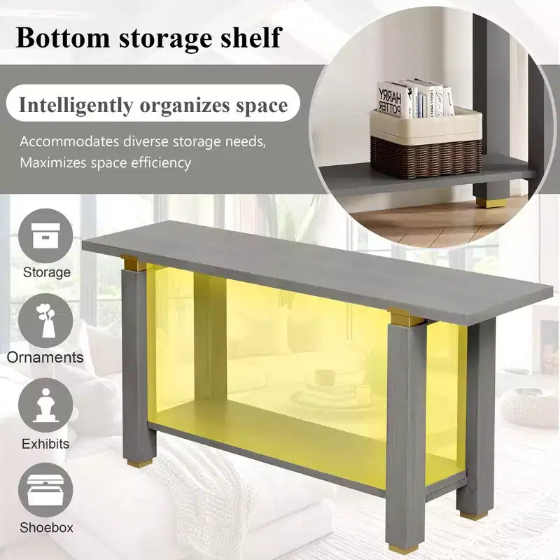 63 Table console extra longue avec pieds en pin massif, garniture en métal industriel, table d'entrée avec étagère de rangement pour couloir, salon, foyer