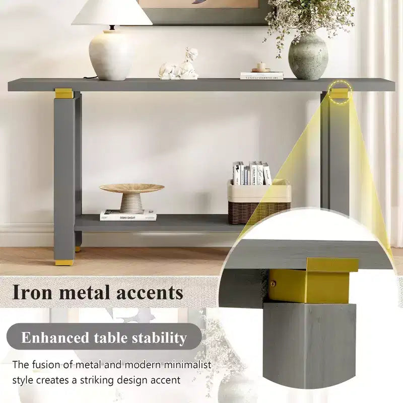 63 Table console extra longue avec pieds en pin massif, garniture en métal industriel, table d'entrée avec étagère de rangement pour couloir, salon, foyer