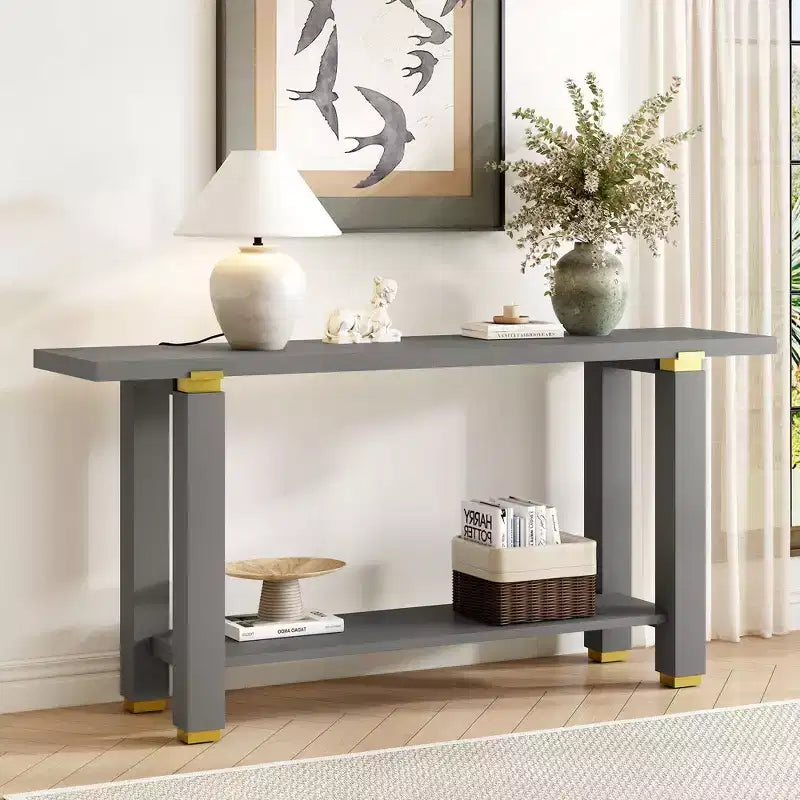 63 Table console extra longue avec pieds en pin massif, garniture en métal industriel, table d'entrée avec étagère de rangement pour couloir, salon, foyer