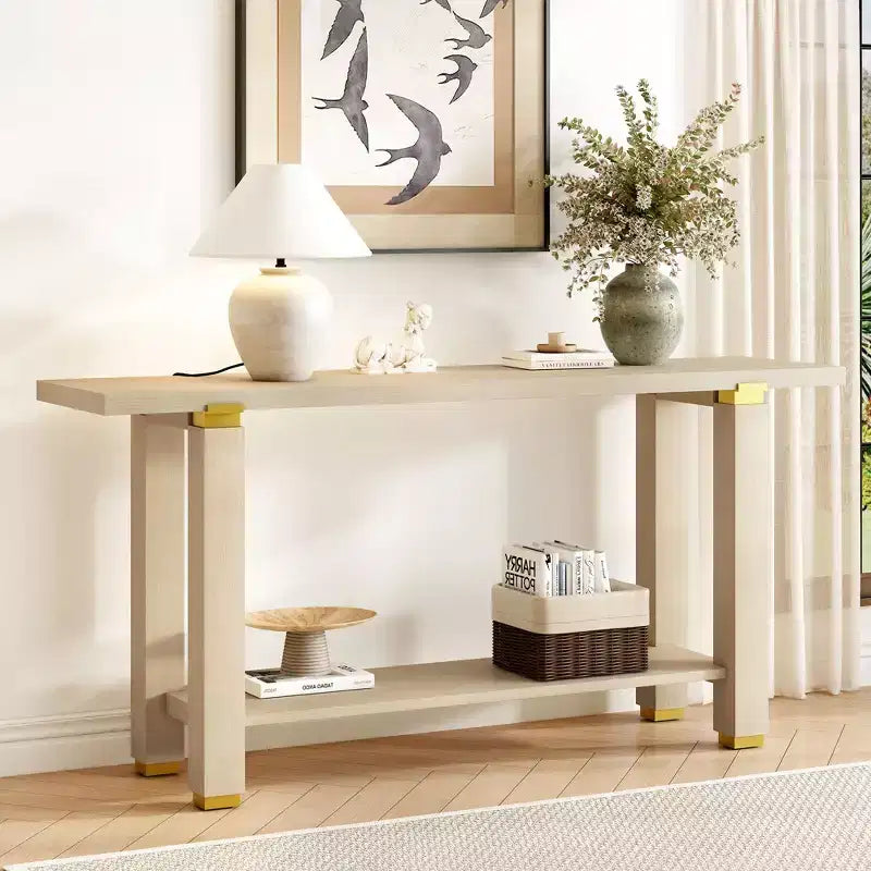63 Table console extra longue avec pieds en pin massif, garniture en métal industriel, table d'entrée avec étagère de rangement pour couloir, salon, foyer