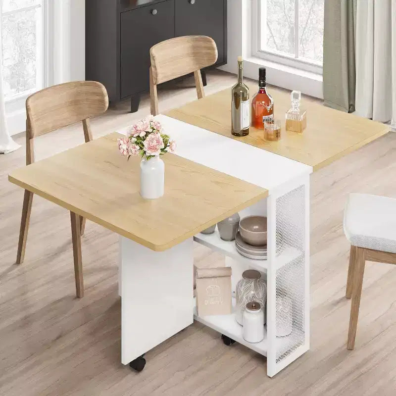 Table de salle à manger pliante avec rangement, table à abattants avec roulettes, table de salle à manger multifonctionnelle extensible avec 2 étagères de rangement pour la cuisine, le salon