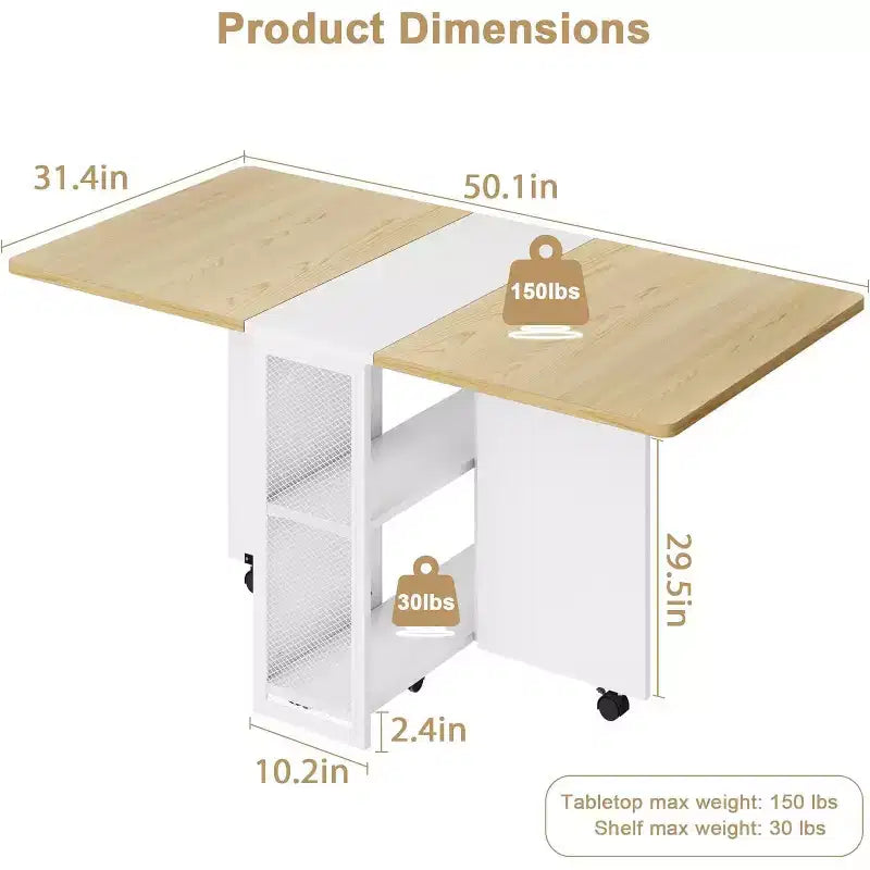 Table de salle à manger pliante avec rangement, table à abattants avec roulettes, table de salle à manger multifonctionnelle extensible avec 2 étagères de rangement pour la cuisine, le salon