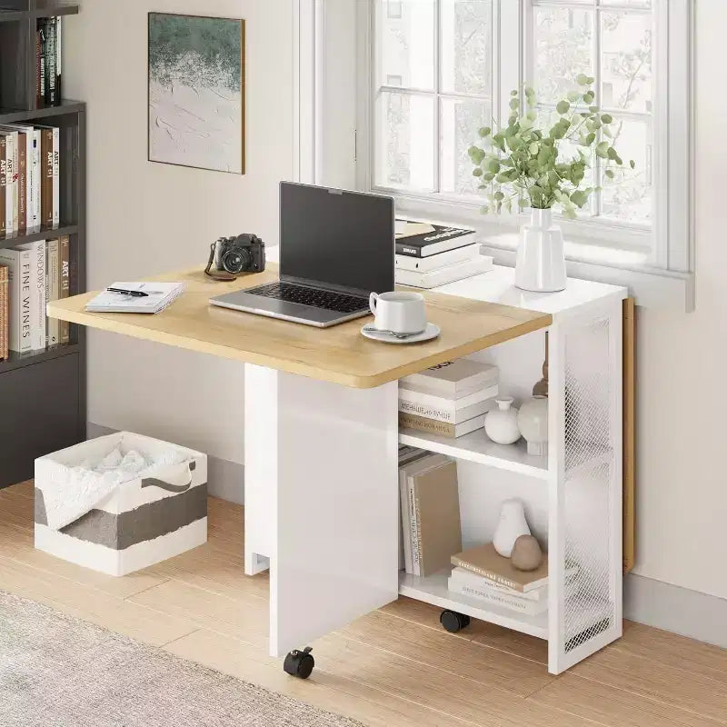 Table de salle à manger pliante avec rangement, table à abattants avec roulettes, table de salle à manger multifonctionnelle extensible avec 2 étagères de rangement pour la cuisine, le salon