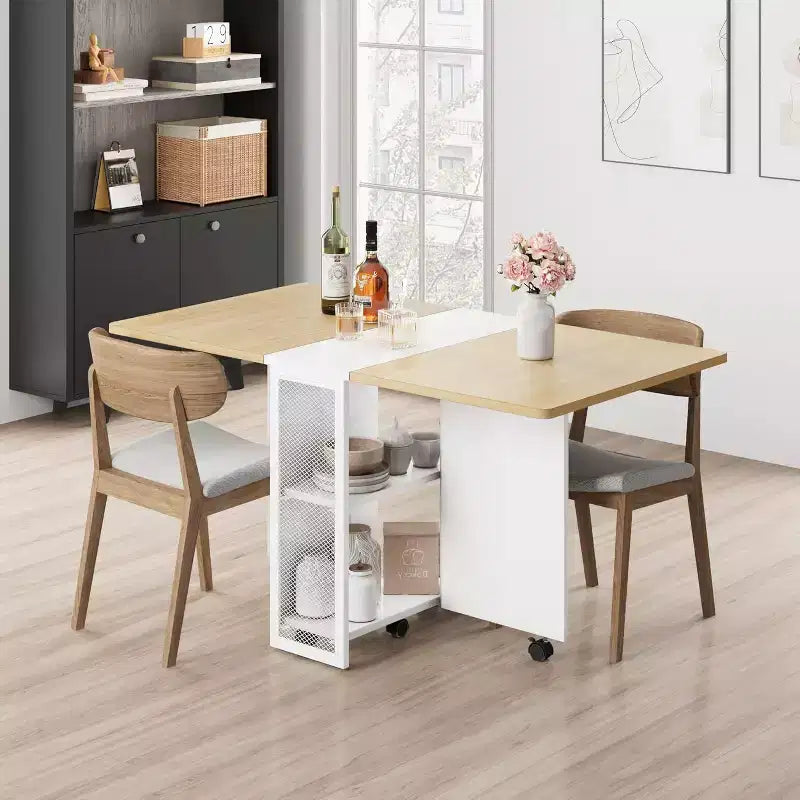 Table de salle à manger pliante avec rangement, table à abattants avec roulettes, table de salle à manger multifonctionnelle extensible avec 2 étagères de rangement pour la cuisine, le salon