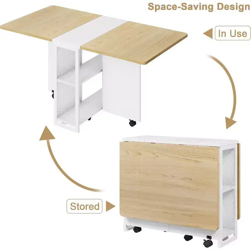 Table de salle à manger pliante avec rangement, table à abattants avec roulettes, table de salle à manger multifonctionnelle extensible avec 2 étagères de rangement pour la cuisine, le salon