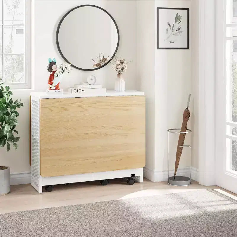 Table de salle à manger pliante avec rangement, table à abattants avec roulettes, table de salle à manger multifonctionnelle extensible avec 2 étagères de rangement pour la cuisine, le salon