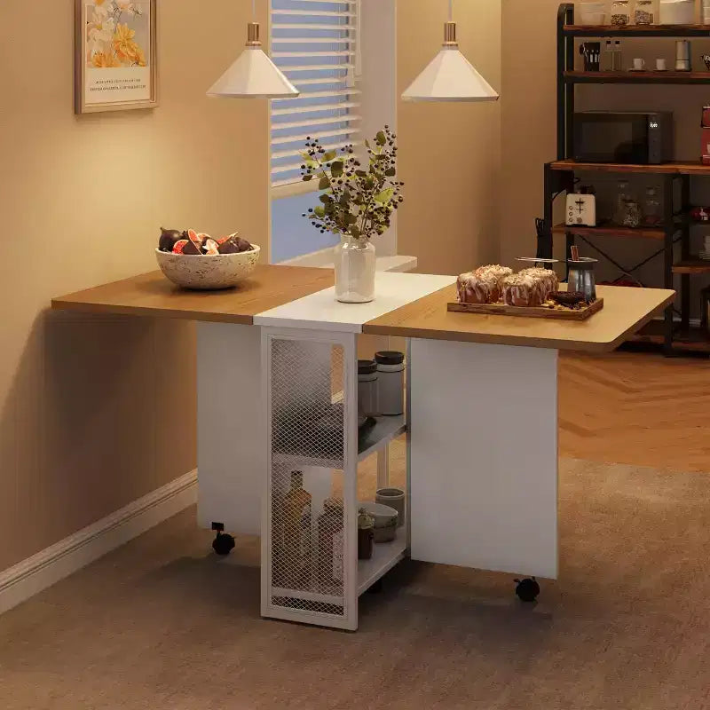 Table de salle à manger pliante avec rangement, table à abattants avec roulettes, table de salle à manger multifonctionnelle extensible avec 2 étagères de rangement pour la cuisine, le salon