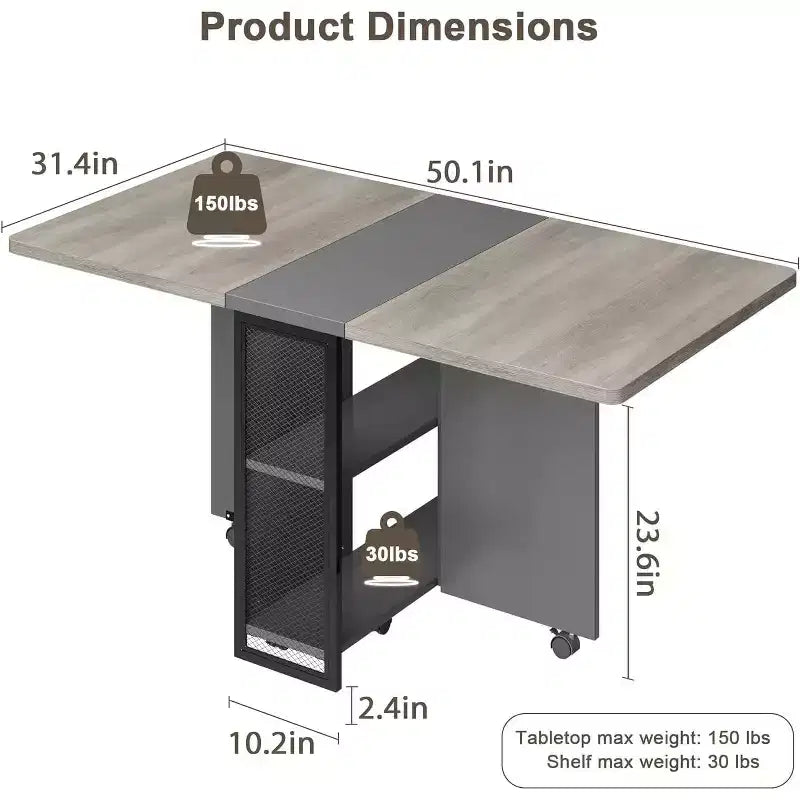 Table de salle à manger pliante avec rangement, table à abattants avec roulettes, table de salle à manger multifonctionnelle extensible avec 2 étagères de rangement pour la cuisine, le salon