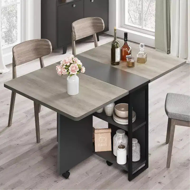 Table de salle à manger pliante avec rangement, table à abattants avec roulettes, table de salle à manger multifonctionnelle extensible avec 2 étagères de rangement pour la cuisine, le salon