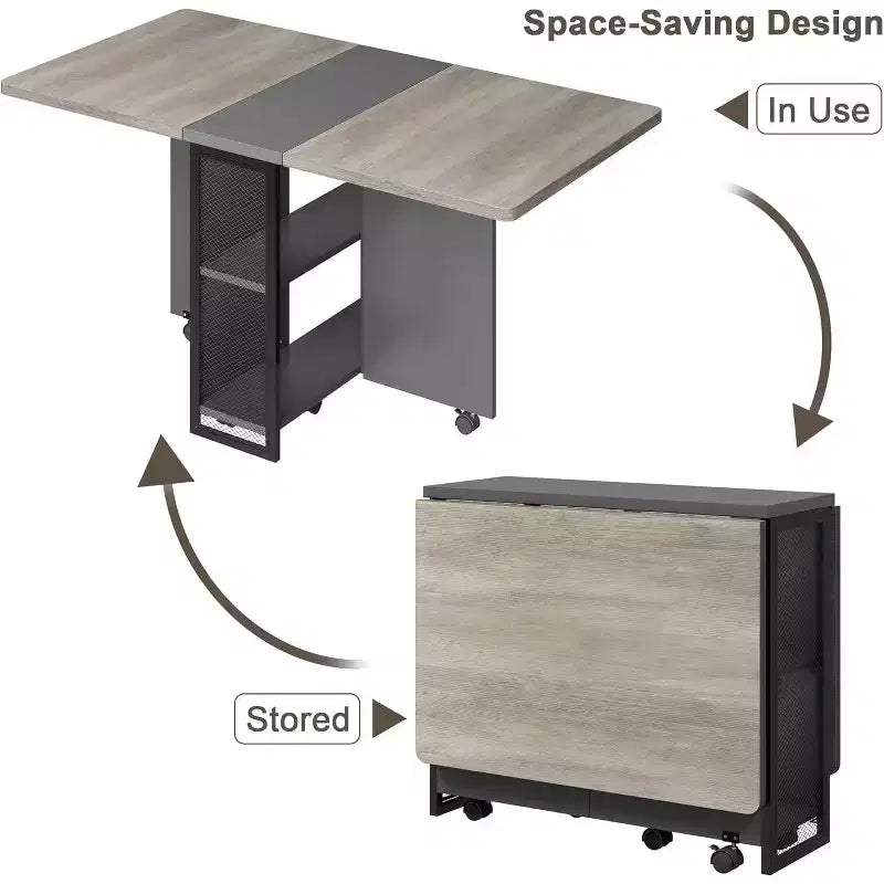 Table de salle à manger pliante avec rangement, table à abattants avec roulettes, table de salle à manger multifonctionnelle extensible avec 2 étagères de rangement pour la cuisine, le salon