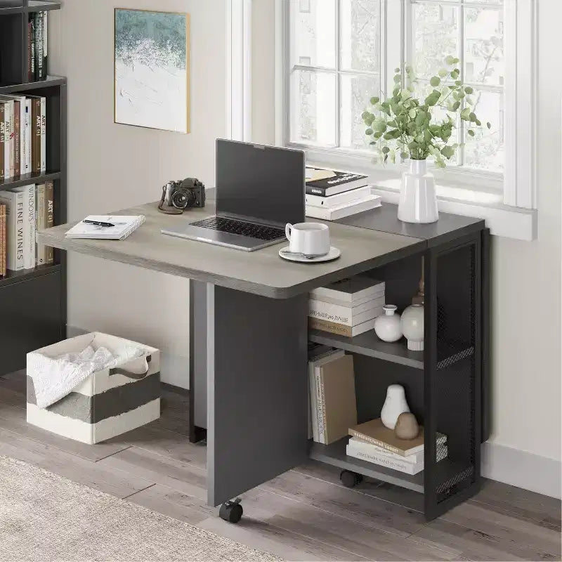 Table de salle à manger pliante avec rangement, table à abattants avec roulettes, table de salle à manger multifonctionnelle extensible avec 2 étagères de rangement pour la cuisine, le salon