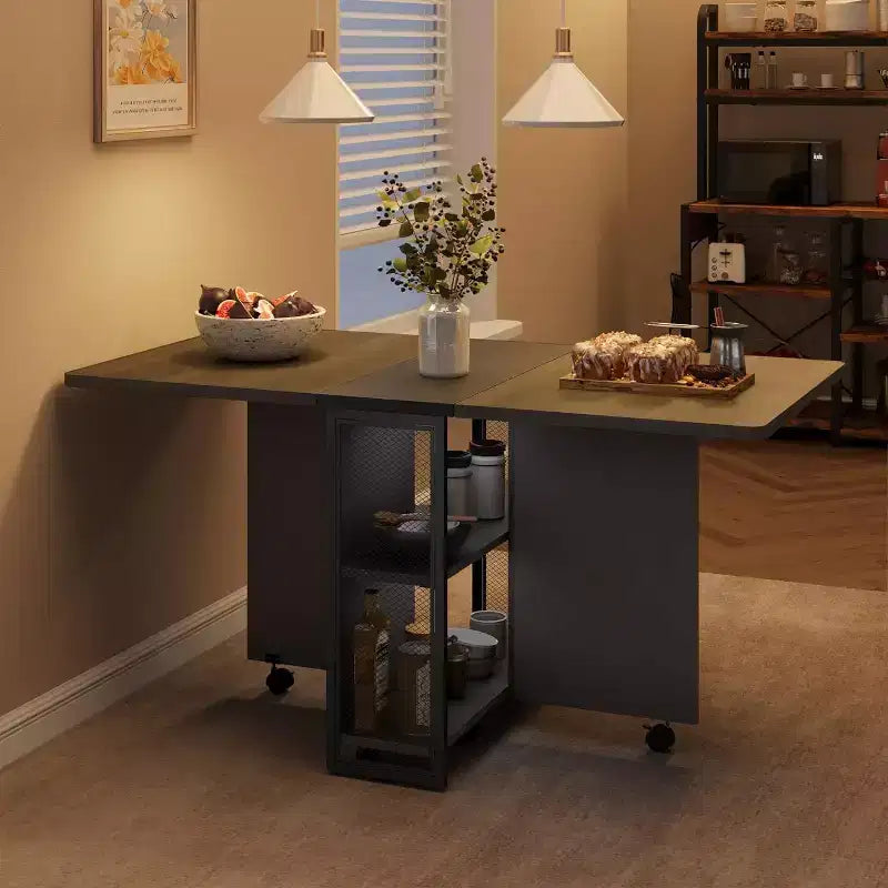 Table de salle à manger pliante avec rangement, table à abattants avec roulettes, table de salle à manger multifonctionnelle extensible avec 2 étagères de rangement pour la cuisine, le salon