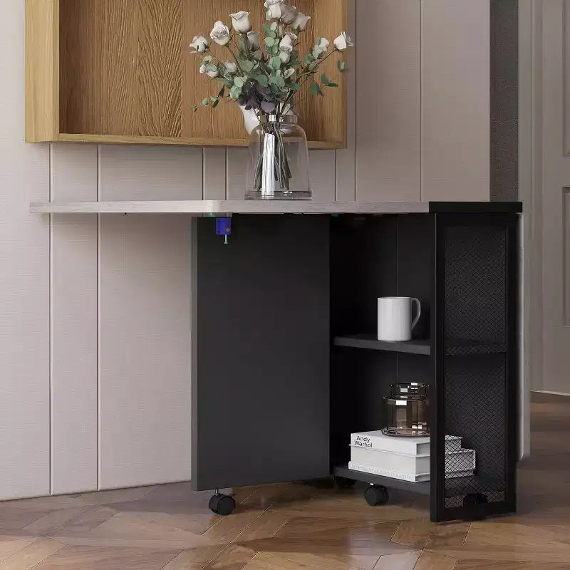 Table de salle à manger pliante avec rangement, table à abattants avec roulettes, table de salle à manger multifonctionnelle extensible avec 2 étagères de rangement pour la cuisine, le salon