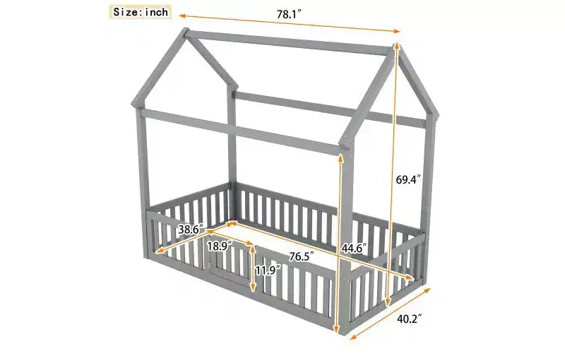 Cadre de lit au sol simple, cadre de lit cabane en bois de pin massif avec toit ciel et barrière de sécurité, lit pour tout-petocs pour le jeu et le sommeil