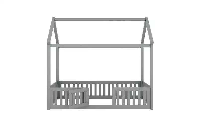 Cadre de lit au sol simple, cadre de lit cabane en bois de pin massif avec toit ciel et barrière de sécurité, lit pour tout-petocs pour le jeu et le sommeil