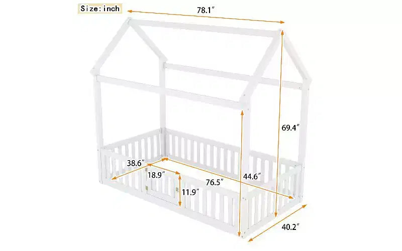 Cadre de lit au sol simple, cadre de lit cabane en bois de pin massif avec toit ciel et barrière de sécurité, lit pour tout-petocs pour le jeu et le sommeil