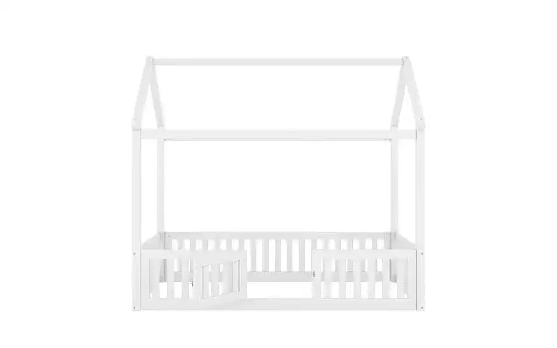 Cadre de lit au sol simple, cadre de lit cabane en bois de pin massif avec toit ciel et barrière de sécurité, lit pour tout-petocs pour le jeu et le sommeil