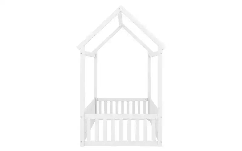 Cadre de lit au sol simple, cadre de lit cabane en bois de pin massif avec toit ciel et barrière de sécurité, lit pour tout-petocs pour le jeu et le sommeil
