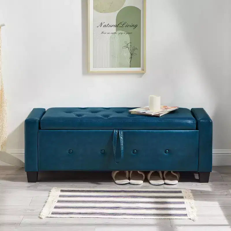 Banc de rangement moderne avec ottomane rembourrée en similicuir capitonné, banc d'entrée avec rangement, banc de bout de lit à plateau rabattable pour salon