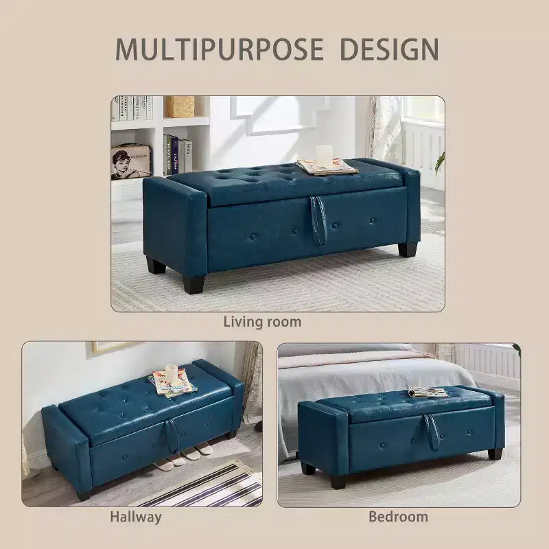 Banc de rangement moderne avec ottomane rembourrée en similicuir capitonné, banc d'entrée avec rangement, banc de bout de lit à plateau rabattable pour salon