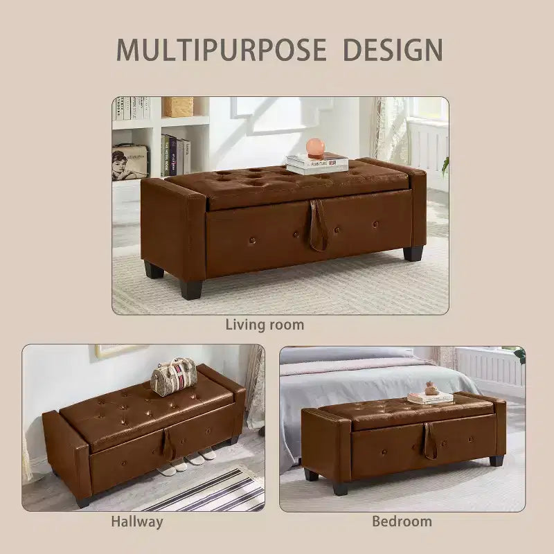 Banc de rangement moderne avec ottomane rembourrée en similicuir capitonné, banc d'entrée avec rangement, banc de bout de lit à plateau rabattable pour salon