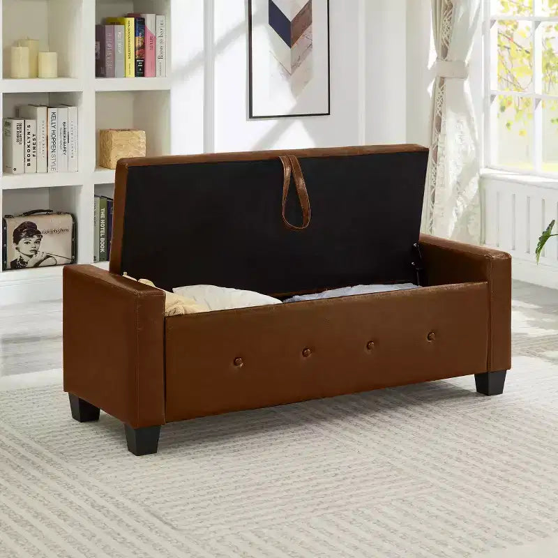 Banc de rangement moderne avec ottomane rembourrée en similicuir capitonné, banc d'entrée avec rangement, banc de bout de lit à plateau rabattable pour salon