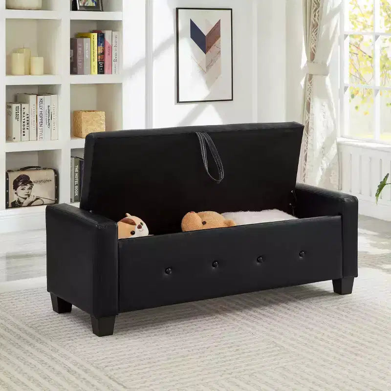 Banc de rangement moderne avec ottomane rembourrée en similicuir capitonné, banc d'entrée avec rangement, banc de bout de lit à plateau rabattable pour salon