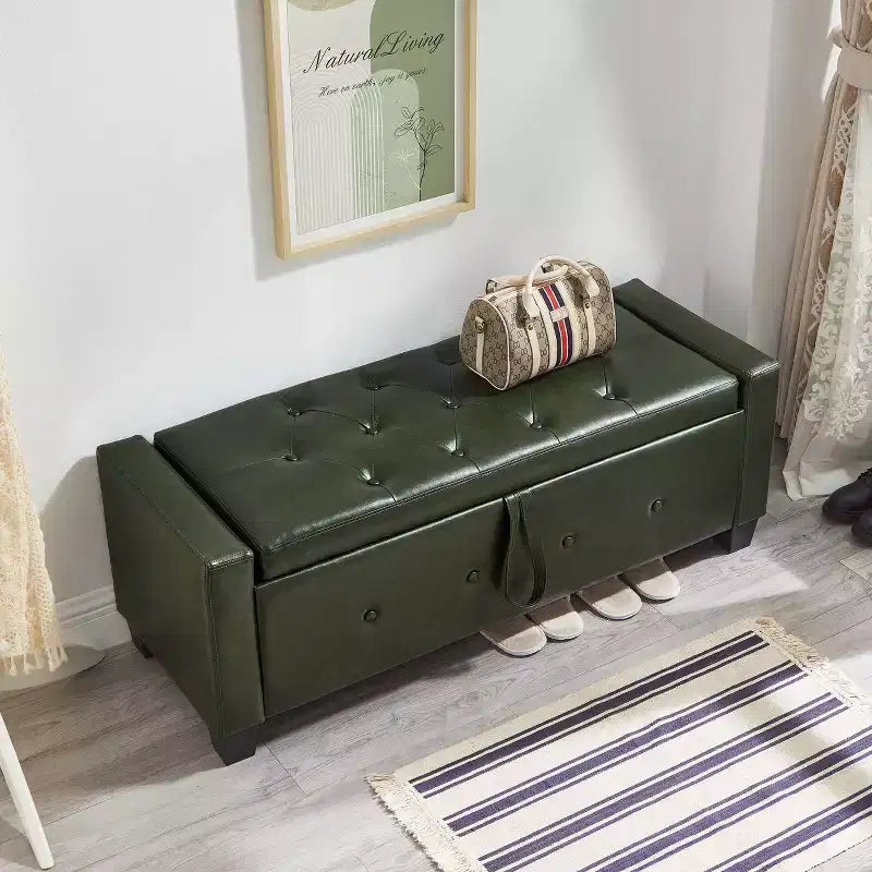 Banc de rangement moderne avec ottomane rembourrée en similicuir capitonné, banc d'entrée avec rangement, banc de bout de lit à plateau rabattable pour salon