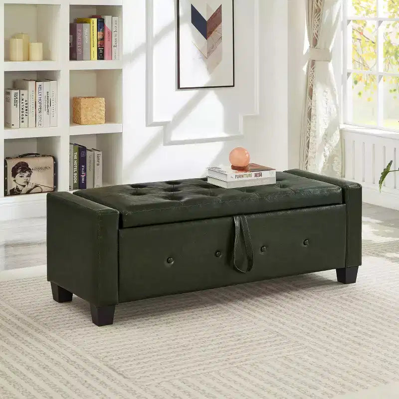 Banc de rangement moderne avec ottomane rembourrée en similicuir capitonné, banc d'entrée avec rangement, banc de bout de lit à plateau rabattable pour salon